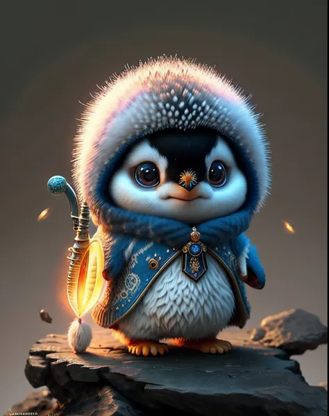 Top image quality、"Create cute creature masterpieces with inspired ultra-detailed concept art. Let your imagination come alive", （emperor penguin）, high detailing, in 8K、Top image quality、Dressed up as a warrior in the game、Use a magic sword、Cool pose