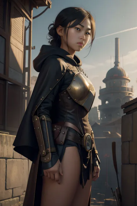 1 girl, young, 16 years old, Asian, full body from head to toe, Realistic, Realistic face, worried, looks over shoulder, side lighting, wallpaper, side view, looks at viewer, steampunk buildings futurists in the background, long cape and hood, earth ground...