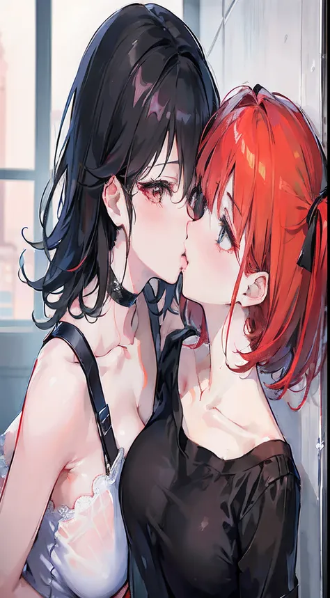 anime - style image of two women kissing in a bathroom, kissing together cutely, lesbian art, kissing each other, two beautiful anime girls, kissing together, lesbian kiss, anime girls, from girls frontline, nixeu and sakimichan, artwork in the style of gu...