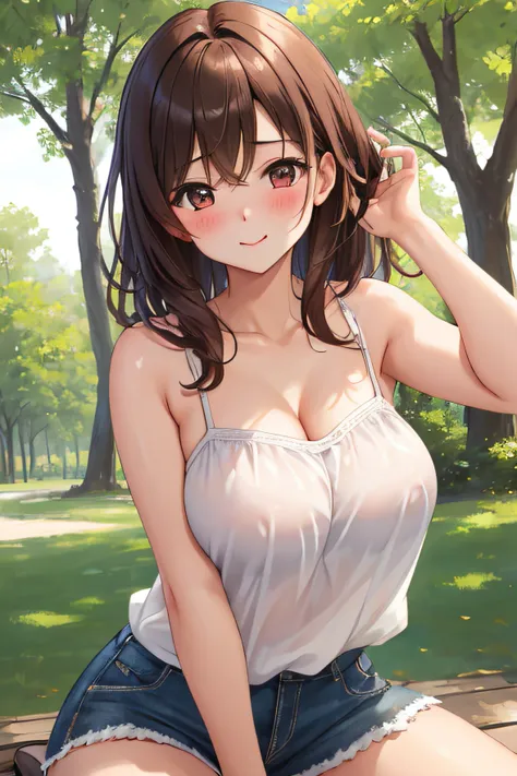 (masterpiece), (best quality), (ultra detailed), 1girl, ssexy pose, blush,medium breasts, wearing camisole, happy, looking at viewer, large hair, brown hair, in the park with trees, shy