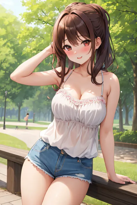 (masterpiece), (best quality), (ultra detailed), 1girl, ssexy pose, blush,medium breasts, wearing camisole, happy, looking at viewer, large hair, brown hair, in the park with trees, shy