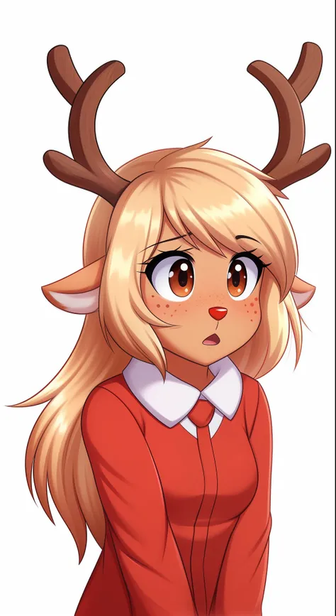 Noelle Holiday from Deltarune, 1girl, solo, pretty, freckles, red nose, antlers, reindeer, orange body, red freckles, brown eyes, professional art made by twistedscarlett60, chibi, pastel lighting, pastel colors, white background, scared, widen eyes, confu...