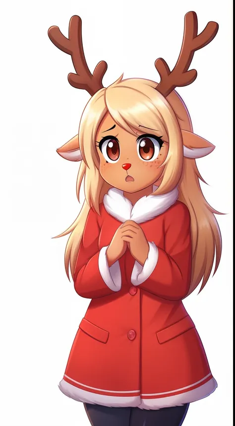 Noelle Holiday from Deltarune, 1girl, solo, pretty, freckles, red nose, antlers, reindeer, orange body, red freckles, brown eyes, professional art made by twistedscarlett60, chibi, pastel lighting, pastel colors, white background, scared