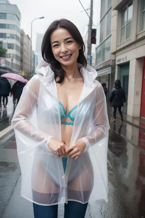 Naked_Transparent raincoat hood down,（bra very_panties on）、A MILF、A little ugly face,Beautie, Seductive smile、naughty expression、Heavy breathing,Full body shot, masutepiece, Best Quality, (Photorealistic:1.4), 3 point perspective, Smiling, Perfect face, De...