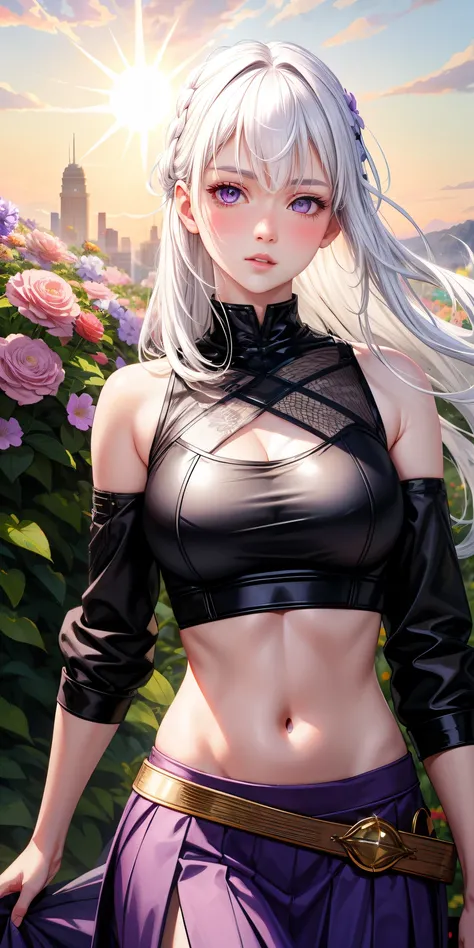 realistic, 1girl, white hair, purple eyes, glowing eyes, crop top, skirt, parted lips, blush, night, flowers, sun, sunlight,