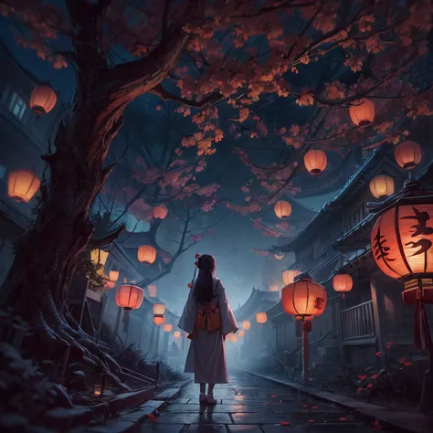 Chinese Ghost Festival，Middle Metaverse，The breath of a ghost，1girll，White robe，The streets at night，Chinese lanterns hanging from Chinese-style houses on both sides of the street，Spooky branch texture，Detailed depiction of Chinese lanterns，Transparent gir...