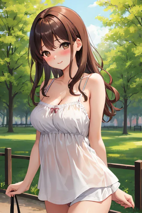 (masterpiece), (best quality), (ultra detailed), 1girl, ssexy pose, blush,medium breasts, wearing camisole, happy, looking at viewer, large hair, brown hair, in the park with trees, shy