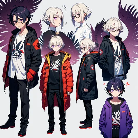 Character design，eye glass，Libido boy，The bird，whaite hair，anime big breast，down jacket，Purple pupils，short detailed hair，Curls，Shota，Shota，Shota，