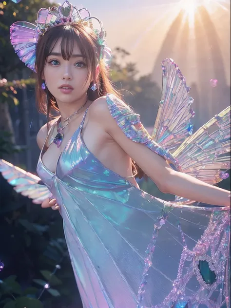 (A smile), Professional , ​masterpiece、top-quality、photos realistic , depth of fields （Gemstone White Metal Body:1.９),(Matte White Pink、Jewel Gold Weapon、（Gorgeous castle background）、（ultimate beauty girl）、（butterflys々Feathers grow）、（Rainbow fairy wings gr...