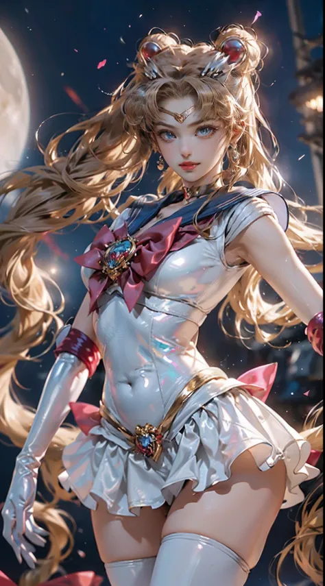 Masterpiece, Full: 1.3, Stand, 8K, 3D, Realistic, Ultra Micro Shooting, Top Quality, Extreme Detail CG Unity 8K Wallpaper, from below, intricate details, SEXY Model Pose、Dynamic Poses,(1 female), 25 years old, (Sailor Moon supersailormoon mer1, Tiara, Sail...