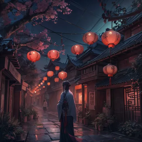 Chinese Ghost Festival，Middle Metaverse，The breath of a ghost，The streets at night，Chinese lanterns hanging from Chinese-style houses on both sides of the street，Spooky branch texture，Detailed depiction of Chinese lanterns，Transparent girl floating in smok...