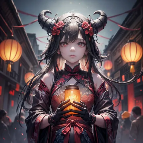 Chinese Ghost Festival，Middle Metaverse，The breath of a ghost，The streets at night，Chinese lanterns hanging from Chinese-style houses on both sides of the street，Spooky branch texture，Detailed depiction of Chinese lanterns，Transparent girl floating in smok...