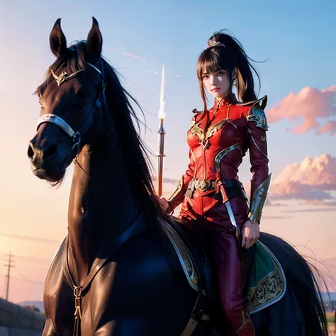 A woman in a red power suit，With a high ponytail，Crotch blue-maned horse，A long sword with a red scabbard hung diagonally from his waist，Beautiful eyes like electricity，heroic look，majestic-looking