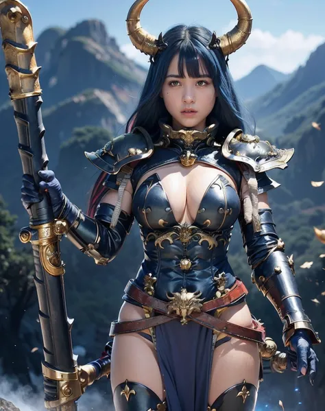 Professional , ​masterpiece、top-quality、photos realistic , depth of fields 、（Gemstone Blue Metal Body:1.９),(Matte blue-black with gold pattern、Wind-effect、（cleavage of the breast）、Dragon Gold Weapon（Dragon Metal Body:1.４),Gorgeous gold weapons ,（Particles ...