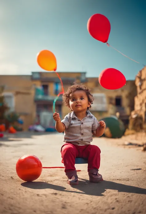 2-year-old child, loira,  sitting on the scale, holding a red balloon