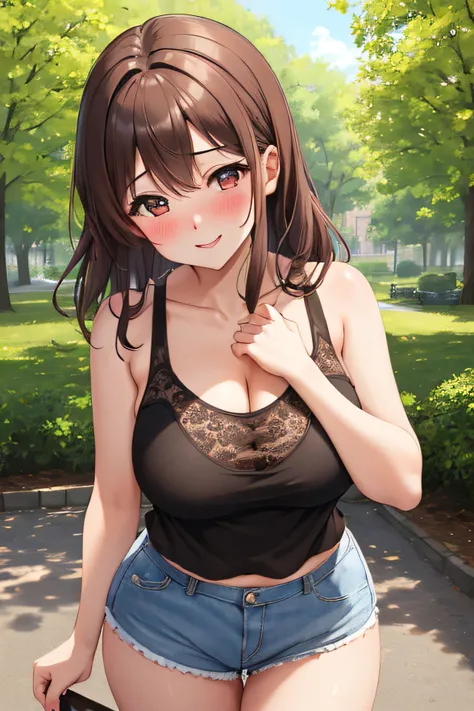 (masterpiece), (best quality), (ultra detailed), 1girl, ssexy pose, blush,medium breasts, wearing lacy tank top, happy, looking at viewer, large hair, brown hair, in the park with trees, shy