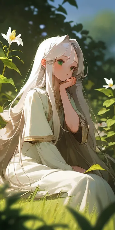 (masterpiece, best quality),1girl with long white hair sitting in a field of green plants and flowers, her hand under her chin, warm lighting, white dress, blurry foreground