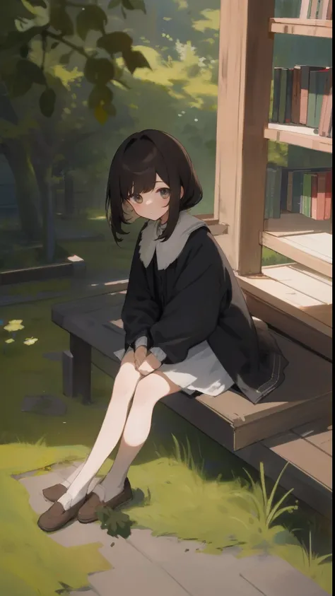 ​masterpiece, top-quality, 1girl in, The upper part of the body, sitting on, sweeping bangs, shorth hair, , A dark-haired, doress, frilld, plein air,bookstore、The viewer is the viewers gaze