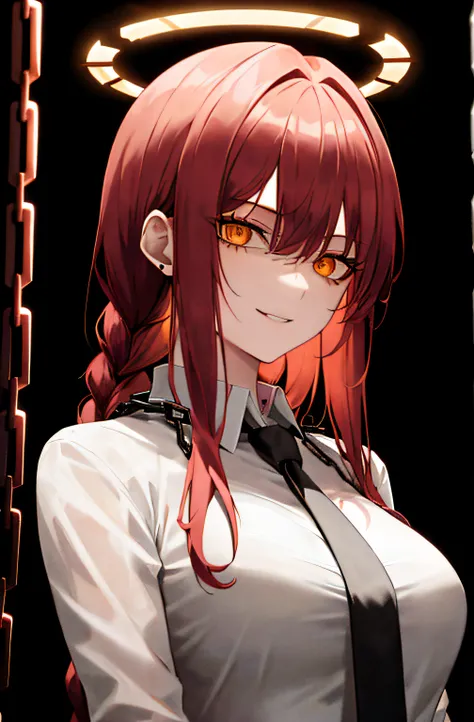 masterpiece, best quality, makima (chainsaw man), ultra detailed, 1girl, solo, standing, red hair, halo over her head ,a lot blood on her face , badass , cyberpunk,  long braided hair, golden eyes, bangs, medium breasts, white shirt, necktie, stare, smile,...