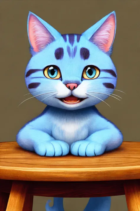 A blue cat with big eyes，Round face，Short limbs，teeth showing，Lie on the table