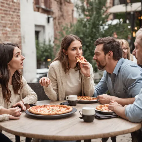 people talking around a restaurant table, with a pizza on the table, dressing jersey soccer