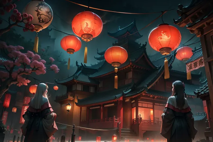 chinese ghost festival，middle metaverse，the breath of a ghost，the streets at night，chinese lanterns hanging from chinese-style h...