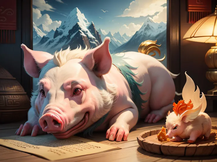 Chinese mythology and stories，Inspired by the Classic of Mountains and Seas，Close-up of a pig with chicken feet