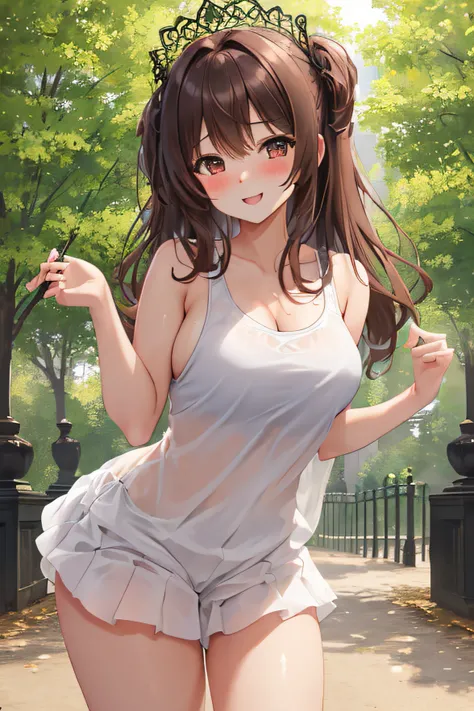 (masterpiece), (best quality), (ultra detailed), 1girl, ssexy pose, blush,medium breasts, wearing lacy tank top, happy, looking at viewer, large hair, brown hair, in the park with trees, shy