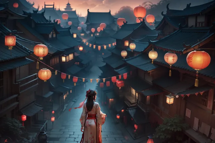 Chinese Ghost Festival，Middle Metaverse，The breath of a ghost，The streets at night，Chinese lanterns hanging from Chinese-style houses on both sides of the street，Spooky branch texture，Detailed depiction of Chinese lanterns，Transparent girl floating in smok...