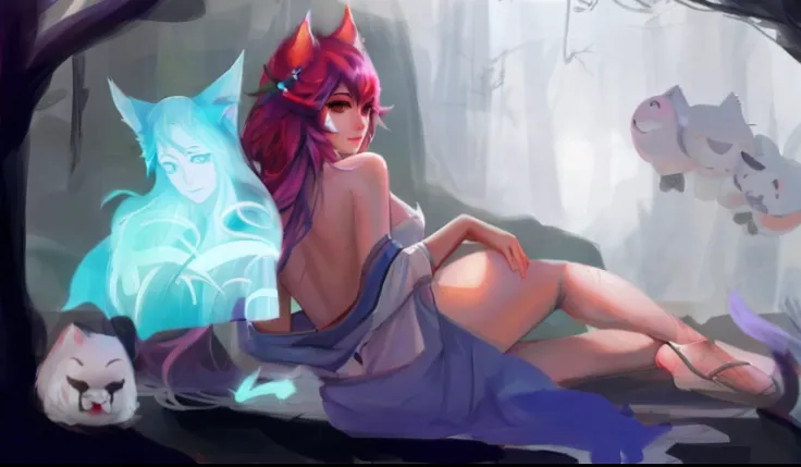 There was a woman with her spirit by her side, Ahri, league of legends art style, A tanuki in League of Legends, wlop and rossdraws, league of legends style art, tmasterpiece,league of legend，