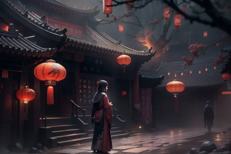 Chinese Ghost Festival，Middle Metaverse，The breath of a ghost，The streets at night，Chinese lanterns hanging from Chinese-style houses on both sides of the street，Spooky branch texture，Detailed depiction of Chinese lanterns，Transparent girl floating in smok...