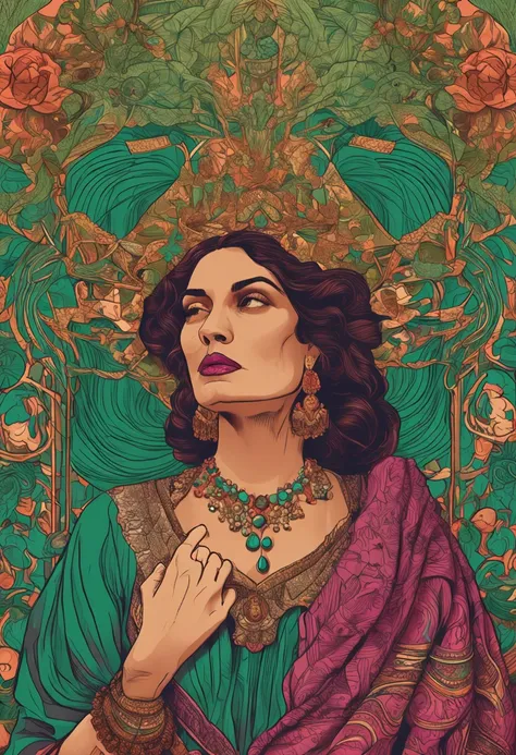 Uma mulher real, com cabelos crespos e uma figura esbelta, adorned in a flowing mantle of emerald silk, no topo de uma colina gramada com uma vista majestosa.