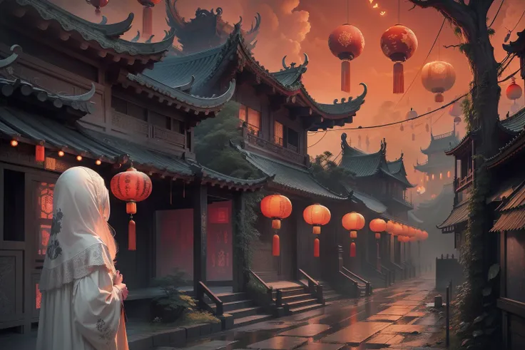 Chinese Ghost Festival，Middle Metaverse，The breath of a ghost，The streets at night，Chinese lanterns hanging from Chinese-style houses on both sides of the street，Spooky branch texture，Detailed depiction of Chinese lanterns，arte de terror，funk，统一 8k 壁纸，ultr...