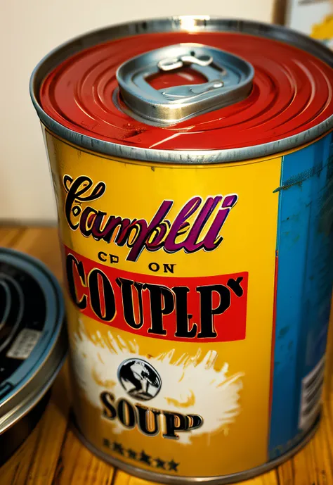 ​masterpiece、top-quality、top-quality、Andy Warhol、Close-up photo of Campbells soup can、ighly detailed、colourfull、highestdetailed