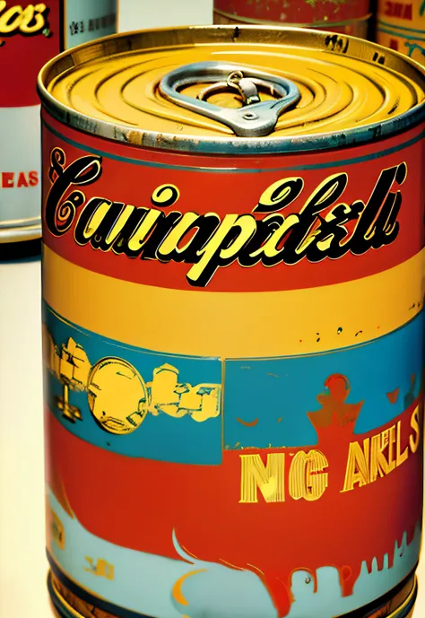 ​masterpiece、top-quality、top-quality、Andy Warhol、Close-up photo of a rusty Campbells soup can、ighly detailed、colourfull、highestdetailed、frontage