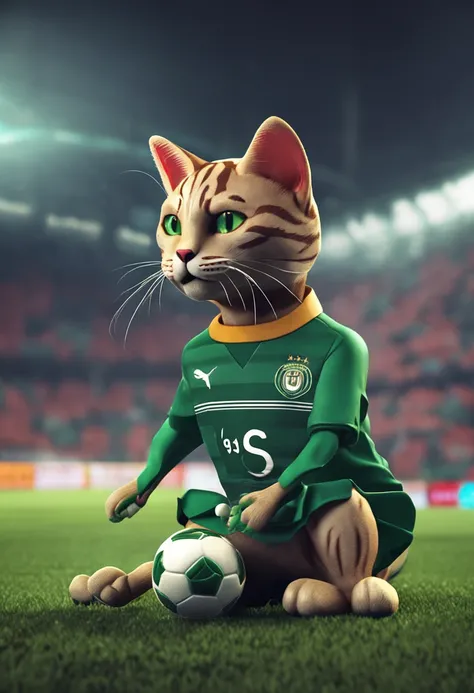 Make a cat playing soccer at the Maracanã in realistic style and wearing the uniform of Palmeiras