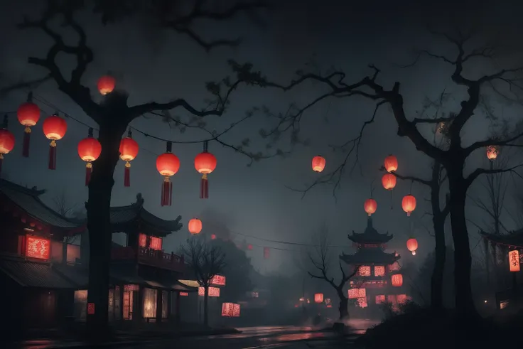 Chinese Ghost Festival，Middle Metaverse，The breath of a ghost，Street chiaroscuro at night，Detailed depiction of branch texture and lanterns，Lanterns hanging from trees，There are flowers on it, shadowy lighting，Background bokeh，depth of fields，Soft lighting...