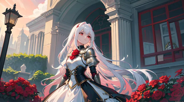 A teenage girl，White hair and red eyes，long whitr hair，Original Character、fantasy concept art、Volumetriclighting、Best shadow、shallowdepthoffield、Portrait of a noble knight、Dignified、Sophisticated tactical heavy armor、Tassel waistband、Hand Guard、Pauline、Hig...