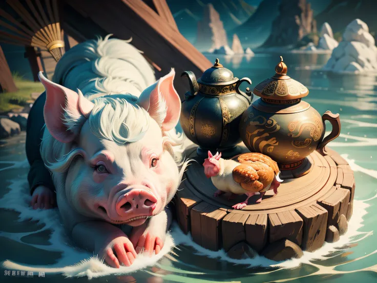 Chinese mythology and stories，Inspired by the Classic of Mountains and Seas，Close-up of a pig with chicken feet