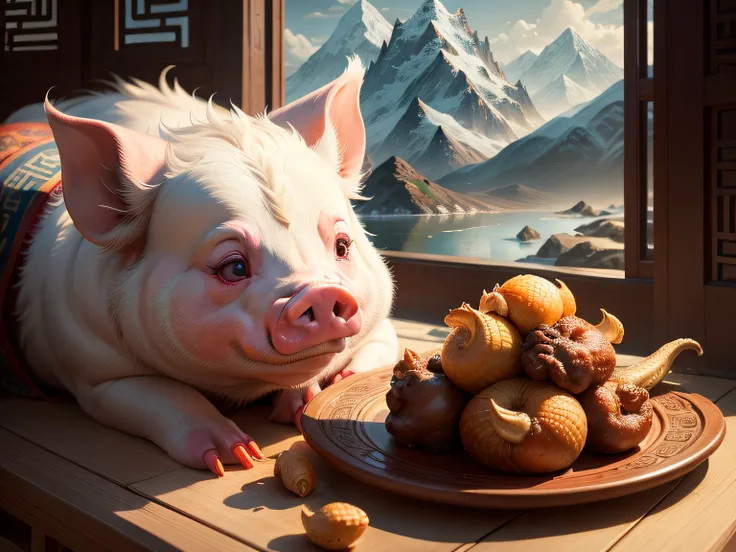 Chinese mythology and stories，Inspired by the Classic of Mountains and Seas，Close-up of a pig with chicken feet