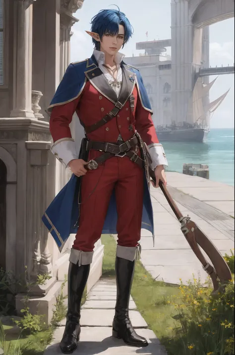 Adult male half-elf with short blue hair wearing pirate outfit full body