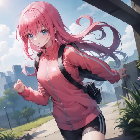 girl running with sports clothing, hitori gotoh, scared expression, pink hair, pink jacket, hiking, 1girl, illustration, high quality, high resolution, extreme detail, masterpiece, high quality, high resolution, extreme detail, masterpiece