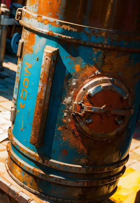 ​masterpiece、top-quality、top-quality、Close-up photo of a rusty colorful oil can、ighly detailed、colourfull、highestdetailed、frontage