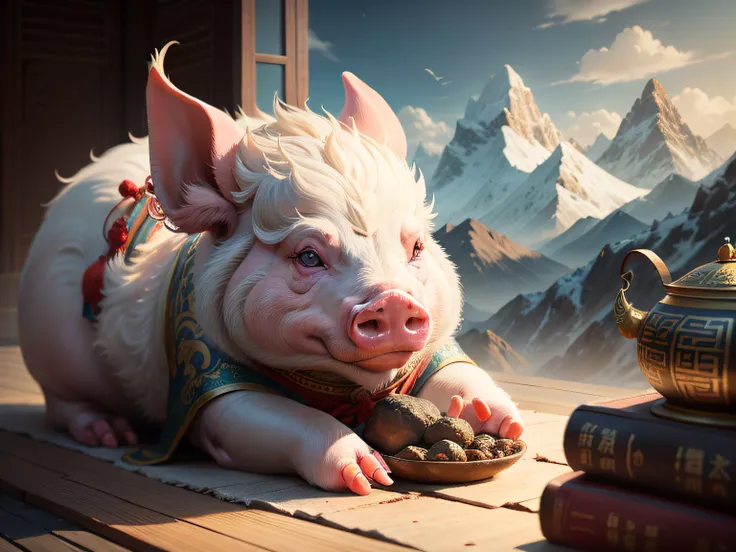 Chinese mythology and stories，Inspired by the Classic of Mountains and Seas，Close-up of a pig with chicken feet