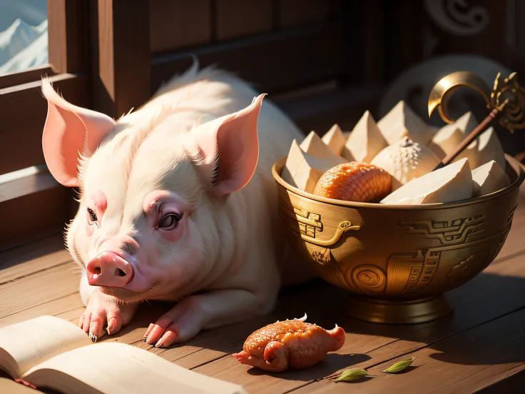 Chinese mythology and stories，Inspired by the Classic of Mountains and Seas，Close-up of a pig with chicken feet