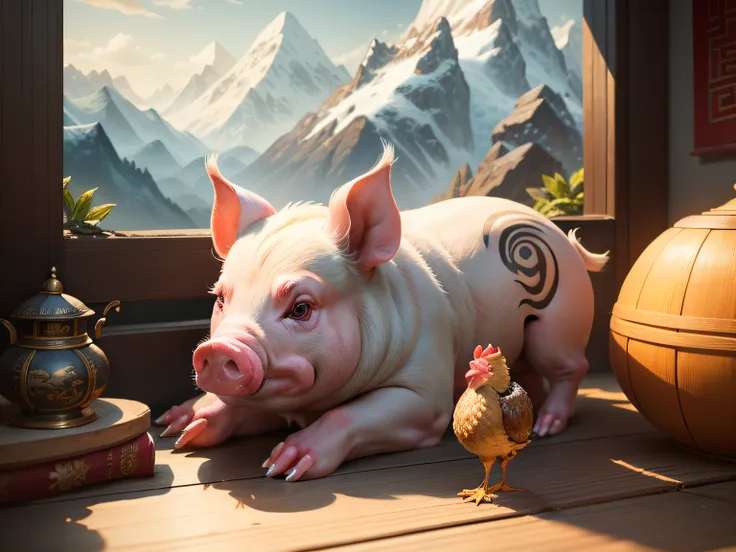 Chinese mythology and stories，Inspired by the Classic of Mountains and Seas，Close-up of a pig with chicken feet