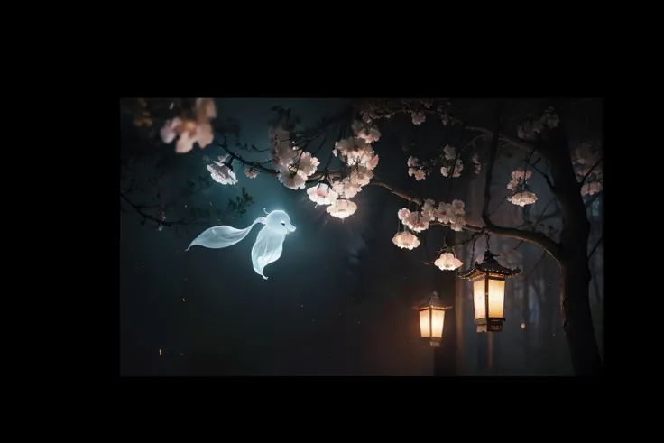 Chinese Ghost Festival，Middle Metaverse，The breath of a ghost，Street chiaroscuro at night，Detailed depiction of branch texture and lanterns，Lanterns hanging from trees，There are flowers on it, shadowy lighting，Background bokeh，depth of fields，Soft lighting...