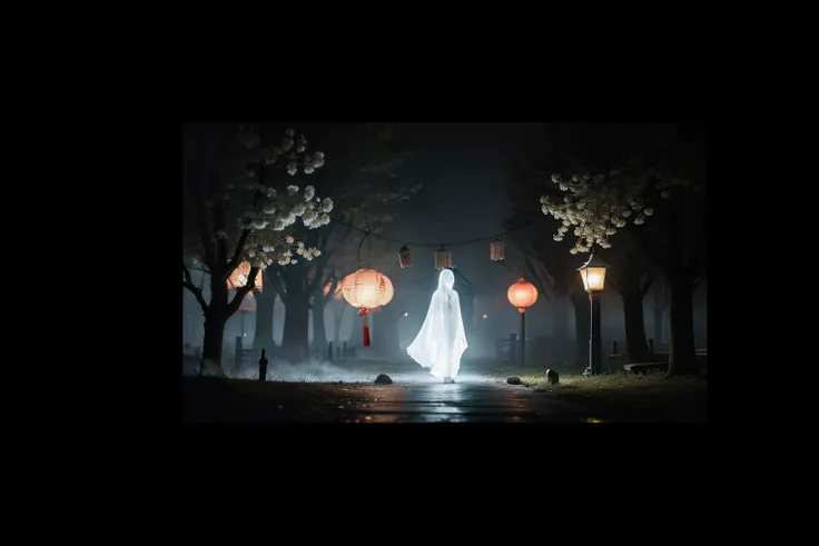 Chinese Ghost Festival，Middle Metaverse，The breath of a ghost，Street chiaroscuro at night，Detailed depiction of branch texture and lanterns，Lanterns hanging from trees，There are flowers on it, shadowy lighting，Background bokeh，depth of fields，Soft lighting...