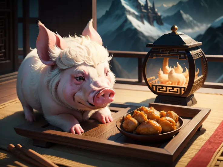 Chinese mythology and stories，Inspired by the Classic of Mountains and Seas，Close-up of a pig with chicken paws