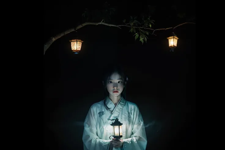 Chinese Ghost Festival，Middle Metaverse，The breath of a ghost，Street chiaroscuro at night，Detailed depiction of branch texture and lanterns，Lanterns hanging from trees，There are flowers on it, shadowy lighting，Background bokeh，depth of fields，Soft lighting...